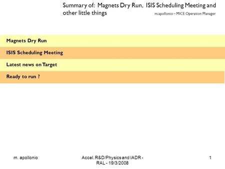 M. apollonioAccel. R&D/Physics and IADR - RAL - 19/3/2008 1 Magnets Dry Run ISIS Scheduling Meeting Latest news on Target Ready to run ? Summary of: Magnets.