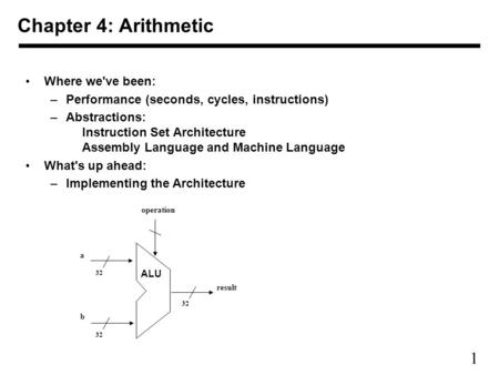1 Chapter 4: Arithmetic Where we've been: –Performance (seconds, cycles, instructions) –Abstractions: Instruction Set Architecture Assembly Language and.