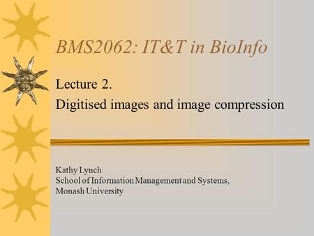 BMS2062: IT&T in BioInfo Lecture 2. Digitised images and image compression Kathy Lynch School of Information Management and Systems, Monash University.