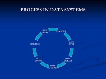 PROCESS IN DATA SYSTEMS PLANNING DATA INPUT DATA STORAGE DATA ANALYSIS DATA OUTPUT ACTIVITIES USER NEEDS.