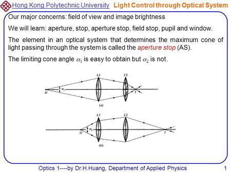 Hong Kong Polytechnic University Optics 1----by Dr.H.Huang, Department of Applied Physics1 Light Control through Optical System Our major concerns: field.