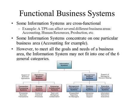 Functional Business Systems Some Information Systems are cross-functional –Example: A TPS can affect several different business areas: Accounting, Human.