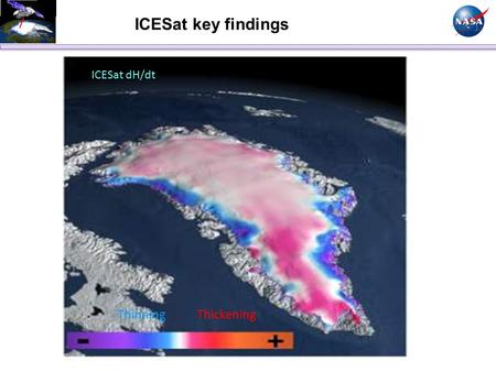 ICESat dH/dt Thinning Thickening ICESat key findings.