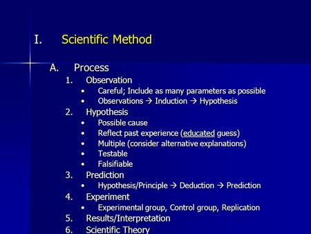 I.Scientific Method A.Process 1.Observation Careful; Include as many parameters as possibleCareful; Include as many parameters as possible Observations.