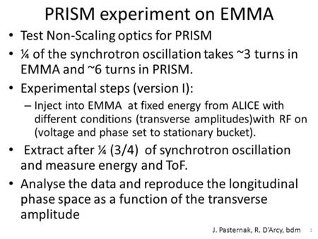 PRISM experiment on EMMA Test Non-Scaling optics for PRISM ¼ of the synchrotron oscillation takes ~3 turns in EMMA and ~6 turns in PRISM. Experimental.
