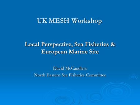 UK MESH Workshop Local Perspective, Sea Fisheries & European Marine Site David McCandless North Eastern Sea Fisheries Committee.