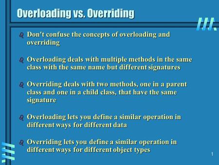 1 Overloading vs. Overriding b Don't confuse the concepts of overloading and overriding b Overloading deals with multiple methods in the same class with.
