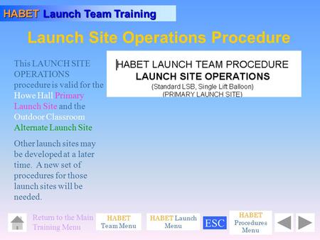 Launch Site Operations Procedure HABET Launch Team Training HABET Team Menu Return to the Main Training Menu HABET Launch Menu This LAUNCH SITE OPERATIONS.