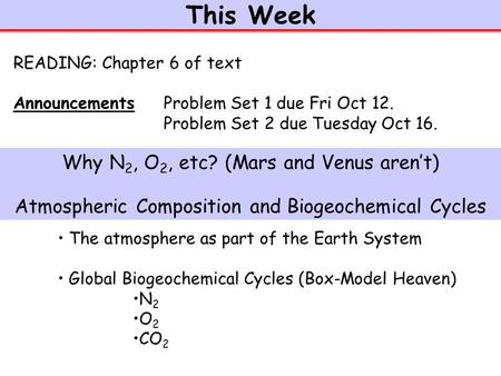 This Week The atmosphere as part of the Earth System Global Biogeochemical Cycles (Box-Model Heaven) N 2 O 2 CO 2 READING: Chapter 6 of text Announcements.