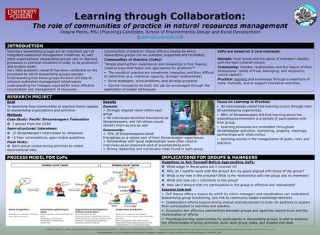 Learning through Collaboration: The role of communities of practice in natural resources management Jillayne Peers, MSc (Planning) Candidate, School of.