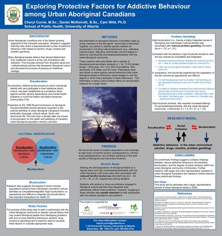 Exploring Protective Factors for Addictive Behaviour among Urban Aboriginal Canadians Cheryl Currie, M.Sc.; Daniel McKennitt, B.Sc., Cam Wild, Ph.D. School.