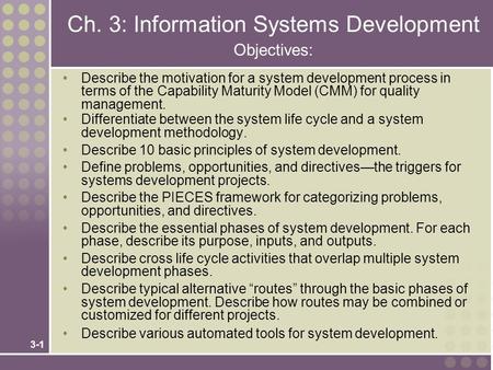 Ch. 3: Information Systems Development Objectives: