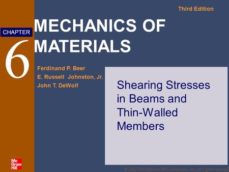 MECHANICS OF MATERIALS Third Edition Ferdinand P. Beer E. Russell Johnston, Jr. John T. DeWolf CHAPTER © 2002 The McGraw-Hill Companies, Inc. All rights.
