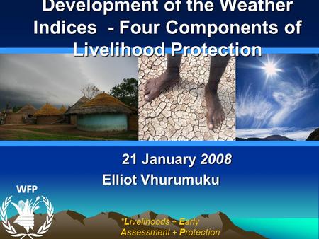21 January 2008 Elliot Vhurumuku Development of the Weather Indices - Four Components of Livelihood Protection *Livelihoods + Early Assessment + Protection.