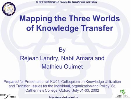 Mapping the Three Worlds of Knowledge Transfer By Réjean Landry, Nabil Amara and Mathieu Ouimet Prepared for Presentation at KU02: Colloquium on Knowledge.