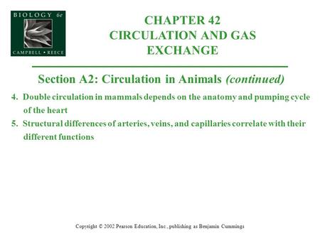 CHAPTER 42 CIRCULATION AND GAS EXCHANGE Copyright © 2002 Pearson Education, Inc., publishing as Benjamin Cummings Section A2: Circulation in Animals (continued)