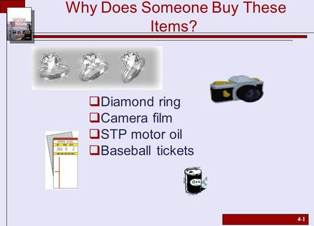 4-1 Why Does Someone Buy These Items?  Diamond ring  Camera film  STP motor oil  Baseball tickets.