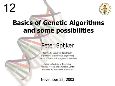 13 Basics of Genetic Algorithms and some possibilities Peter Spijker Technische Universiteit Eindhoven Department of Biomedical Engineering Division of.