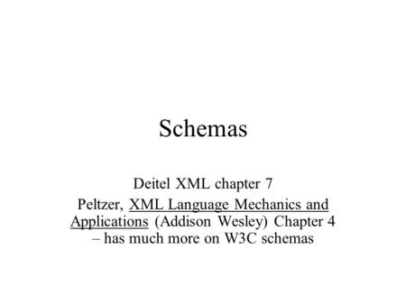 Schemas Deitel XML chapter 7 Peltzer, XML Language Mechanics and Applications (Addison Wesley) Chapter 4 – has much more on W3C schemas.