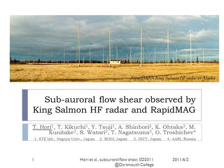 Sub-auroral flow shear observed by King Salmon HF radar and RapidMAG T. Hori 1, T. Kikuchi 1, Y. Tsuji 1, A. Shinbori 2, K. Ohtaka 3, M. Kunitake 3, S.