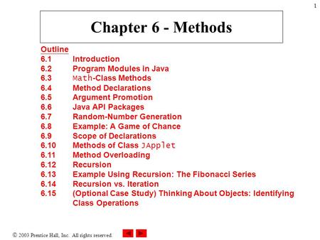  2003 Prentice Hall, Inc. All rights reserved. 1 Chapter 6 - Methods Outline 6.1 Introduction 6.2 Program Modules in Java 6.3 Math -Class Methods 6.4.