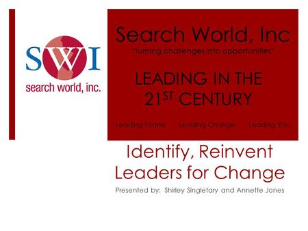 Identify, Reinvent Leaders for Change Presented by: Shirley Singletary and Annette Jones Search World, Inc “turning challenges into opportunities” LEADING.