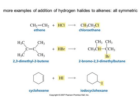 More examples of addition of hydrogen halides to alkenes: all symmetric.