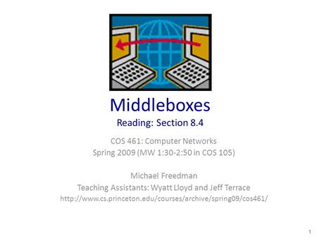 Middleboxes Reading: Section 8.4 COS 461: Computer Networks Spring 2009 (MW 1:30-2:50 in COS 105) Michael Freedman Teaching Assistants: Wyatt Lloyd and.