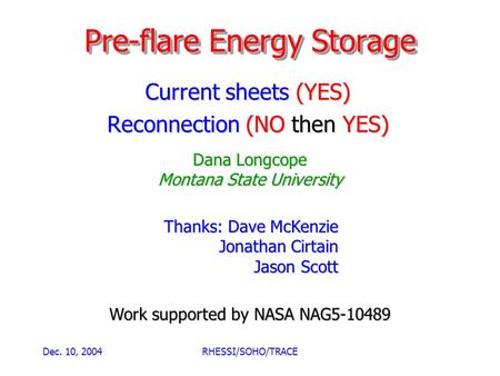 Dec. 10, 2004RHESSI/SOHO/TRACE Pre-flare Energy Storage Current sheets (YES) Reconnection (NO then YES) Dana Longcope Montana State University Work supported.