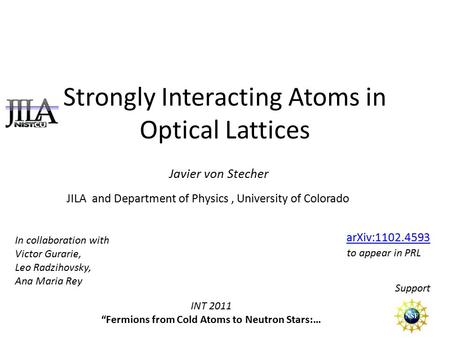 Strongly Interacting Atoms in Optical Lattices Javier von Stecher JILA and Department of Physics, University of Colorado Support INT 2011 “Fermions from.