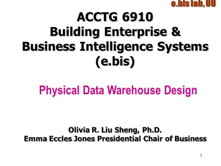 1 ACCTG 6910 Building Enterprise & Business Intelligence Systems (e.bis) Physical Data Warehouse Design Olivia R. Liu Sheng, Ph.D. Emma Eccles Jones Presidential.