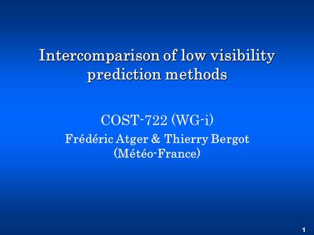 1 Intercomparison of low visibility prediction methods COST-722 (WG-i) Frédéric Atger & Thierry Bergot (Météo-France)
