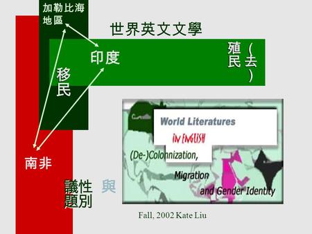 世界英文文學 印度 加勒比海 地區 南非 Fall, 2002 Kate Liu. What are World Literatures in English? n Two kinds of misunderstanding a/ English literature and World literature.