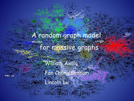 SDSC, skitter (July 1998) A random graph model for massive graphs William Aiello Fan Chung Graham Lincoln Lu.