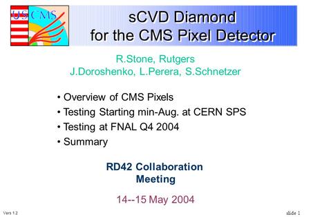 Slide 1 sCVD Diamond for the CMS Pixel Detector 14--15 May 2004 R.Stone, Rutgers J.Doroshenko, L.Perera, S.Schnetzer RD42 Collaboration Meeting Overview.