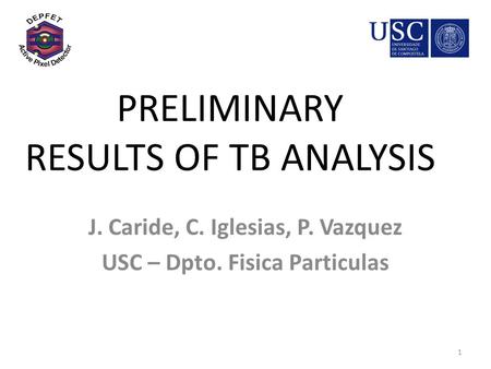 PRELIMINARY RESULTS OF TB ANALYSIS J. Caride, C. Iglesias, P. Vazquez USC – Dpto. Fisica Particulas 1.