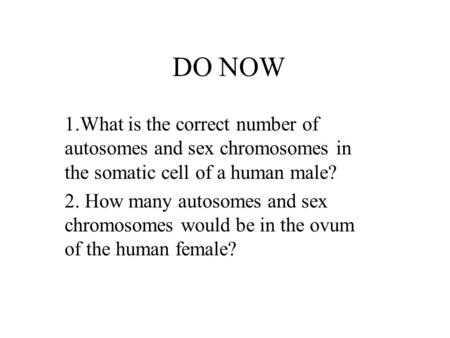 DO NOW 1.What is the correct number of autosomes and sex chromosomes in the somatic cell of a human male? 2. How many autosomes and sex chromosomes would.
