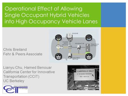 Operational Effect of Allowing Single Occupant Hybrid Vehicles into High Occupancy Vehicle Lanes Chris Breiland Fehr & Peers Associate Lianyu Chu, Hamed.