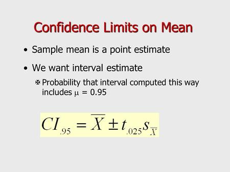 Confidence Limits on Mean Sample mean is a point estimateSample mean is a point estimate We want interval estimateWe want interval estimate  Probability.
