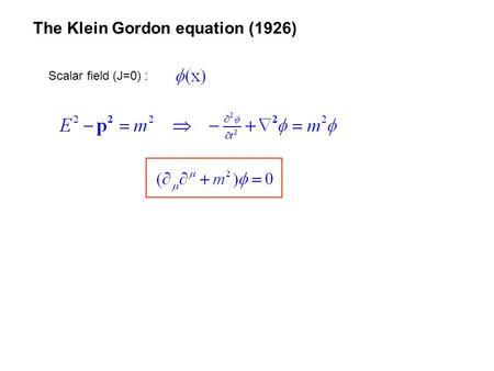 The Klein Gordon equation (1926) Scalar field (J=0) :