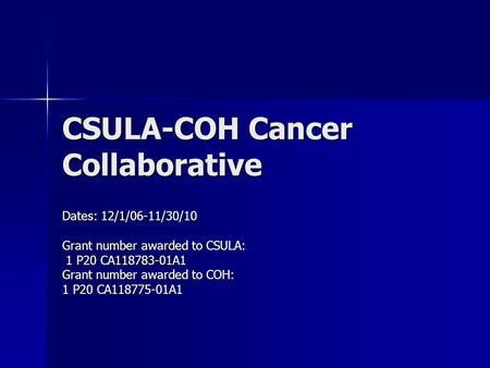 CSULA-COH Cancer Collaborative Dates: 12/1/06-11/30/10 Grant number awarded to CSULA: 1 P20 CA118783-01A1 1 P20 CA118783-01A1 Grant number awarded to COH: