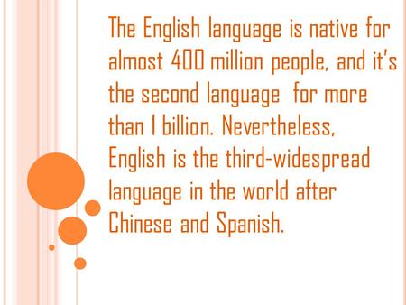 The English language is native for almost 400 million people, and it’s the second language for more than 1 billion. Nevertheless, English is the third-widespread.