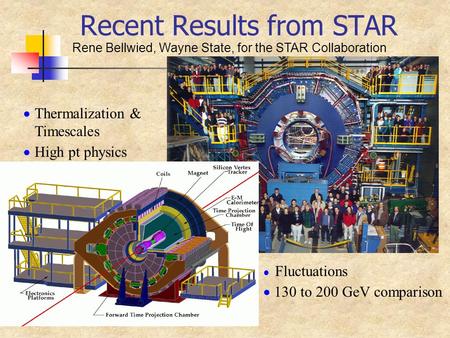 Recent Results from STAR Rene Bellwied, Wayne State, for the STAR Collaboration  Thermalization & Timescales  High pt physics  Fluctuations  130 to.