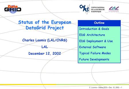 C. Loomis – Status EDG – Dec. 12, 2002 – 1 Status of the European DataGrid Project Charles Loomis (LAL/CNRS) LAL December 12, 2002 Outline Introduction.