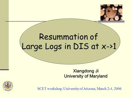 Resummation of Large Logs in DIS at x->1 Xiangdong Ji University of Maryland SCET workshop, University of Arizona, March 2-4, 2006.