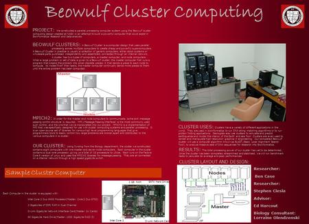 Beowulf Cluster Computing Each Computer in the cluster is equipped with: – Intel Core 2 Duo 6400 Processor(Master: Core 2 Duo 6700) – 2 Gigabytes of DDR.