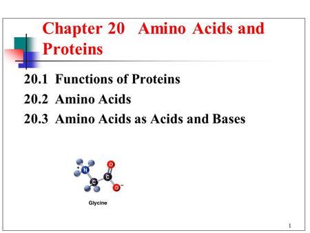 1 20.1 Functions of Proteins 20.2 Amino Acids 20.3 Amino Acids as Acids and Bases Chapter 20 Amino Acids and Proteins.