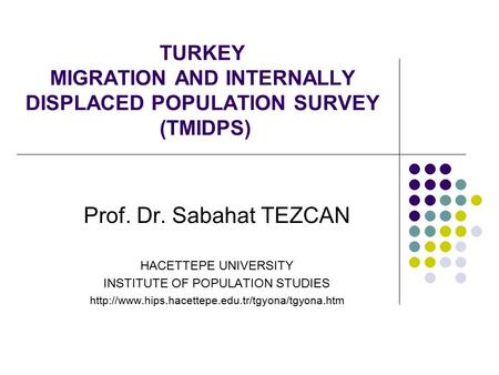 TURKEY MIGRATION AND INTERNALLY DISPLACED POPULATION SURVEY (TMIDPS) Prof. Dr. Sabahat TEZCAN HACETTEPE UNIVERSITY INSTITUTE OF POPULATION STUDIES