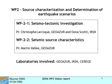 Réunion PARIS 29/06/2006 QSHA WP2 Status report 1 WP2 - Source characterization and Determination of earthquake scenarios WP-2-1: Seismo-tectonic investigation.