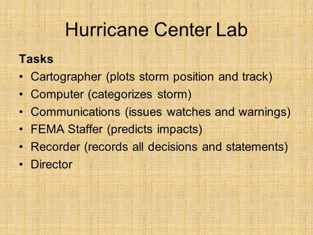 Hurricane Center Lab Tasks Cartographer (plots storm position and track) Computer (categorizes storm) Communications (issues watches and warnings) FEMA.